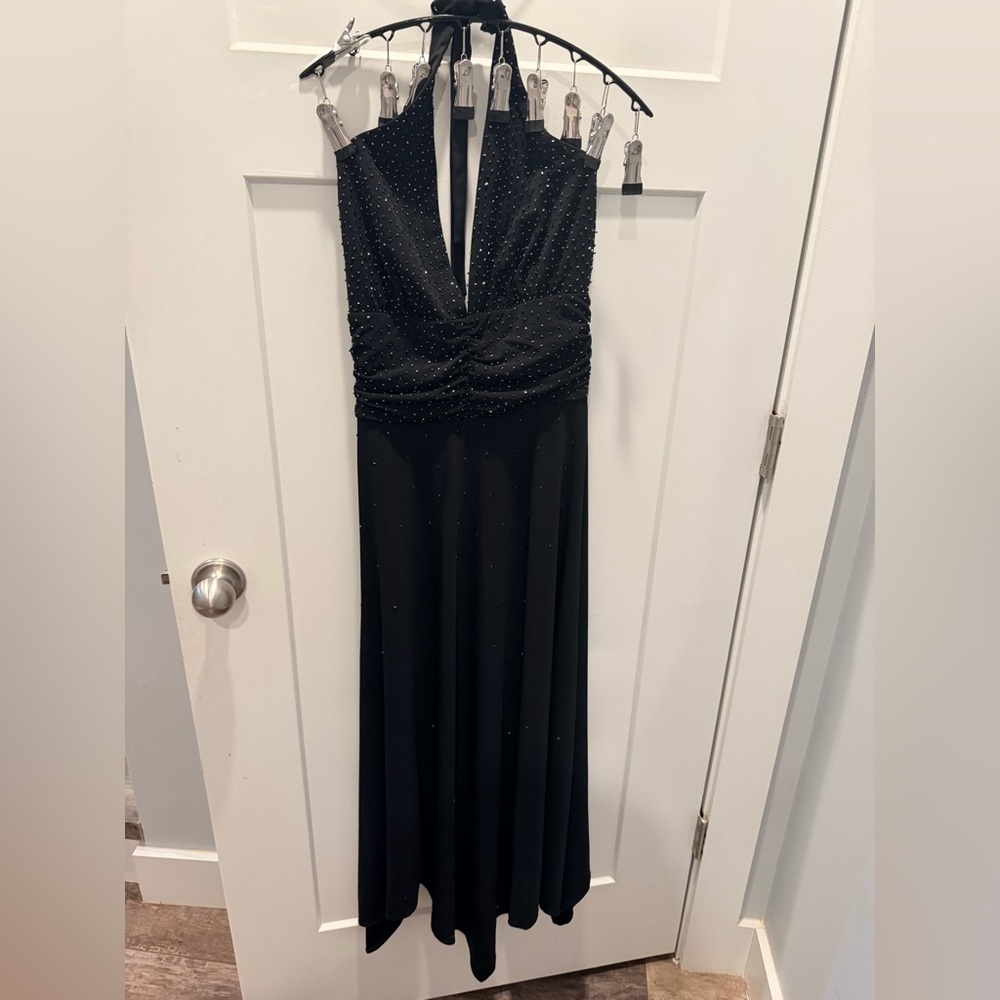 Morgan & Co Black Beaded Halter Evening Gown Size 7/8